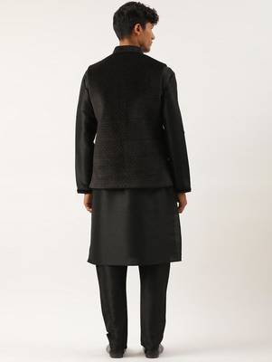 Black velvet quilted jacket kurta set 2