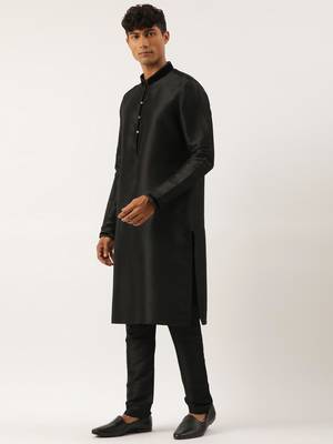 Black velvet quilted jacket kurta set 3