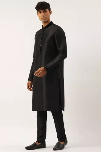 Black velvet quilted jacket kurta set