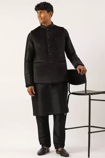 Black velvet quilted jacket kurta set