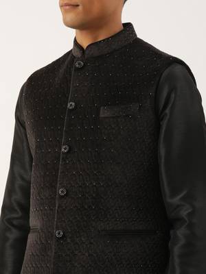 Black velvet quilted jacket kurta set 5
