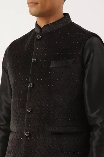 Black velvet quilted jacket kurta set