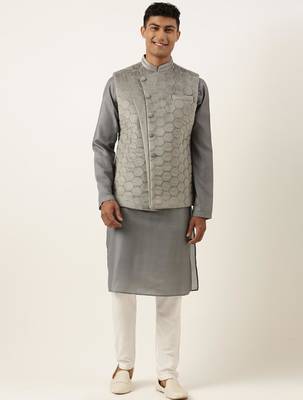 Grey velvet quilted jacket kurta set 1