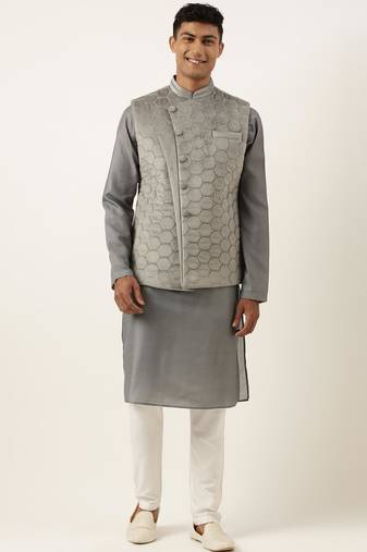 Grey velvet quilted jacket kurta set
