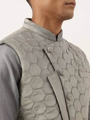 Grey velvet quilted jacket kurta set 2
