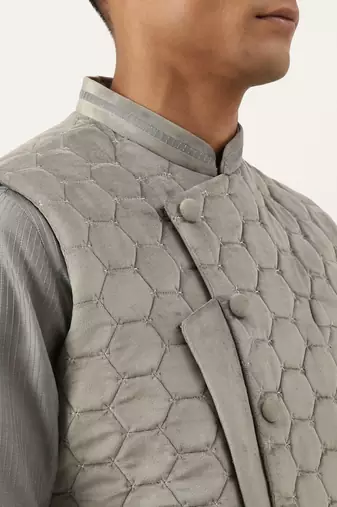 Grey velvet quilted jacket kurta set