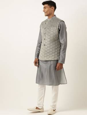 Grey velvet quilted jacket kurta set 4