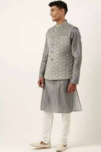 Grey velvet quilted jacket kurta set