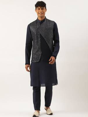 Navy embroidered jacket kurta set 1