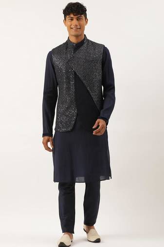 Navy embroidered jacket kurta set
