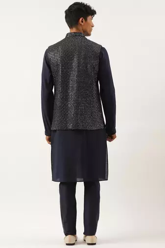Navy embroidered jacket kurta set