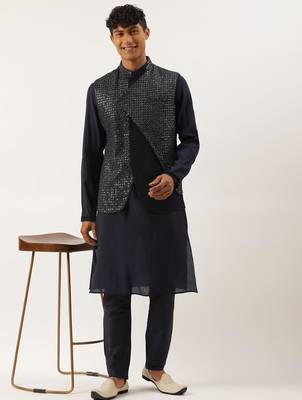 Navy embroidered jacket kurta set 3