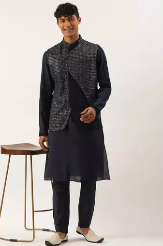 Navy embroidered jacket kurta set