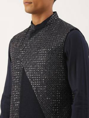 Navy embroidered jacket kurta set 4