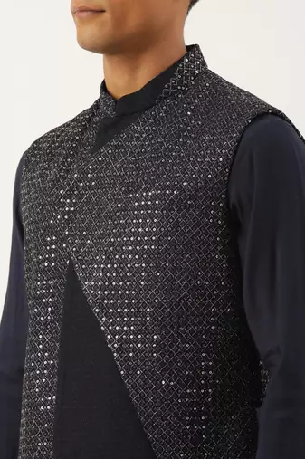 Navy embroidered jacket kurta set