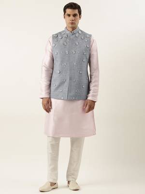 Grey floral embroidered jacket kurta set 1