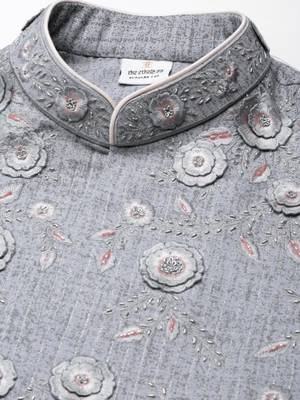 Grey floral embroidered jacket kurta set 2