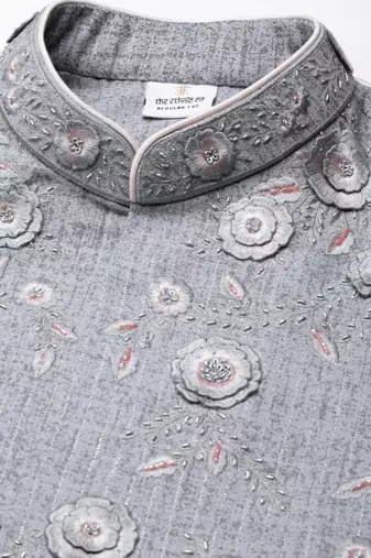 Grey floral embroidered jacket kurta set