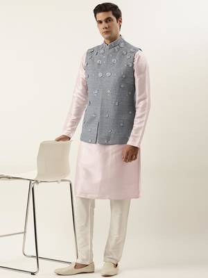 Grey floral embroidered jacket kurta set 5