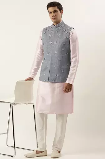 Grey floral embroidered jacket kurta set