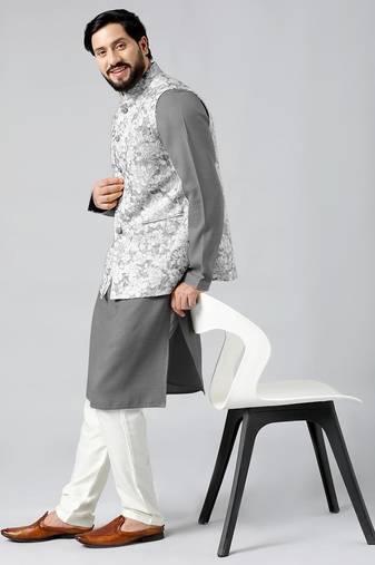 Grey textured jacket with grey kurta set