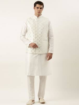 Off white mirror embroidered jacket kurta set 1
