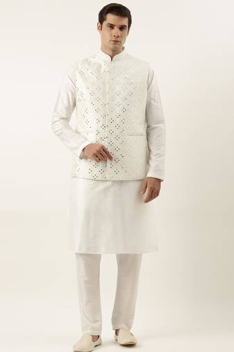 Off white mirror embroidered jacket kurta set