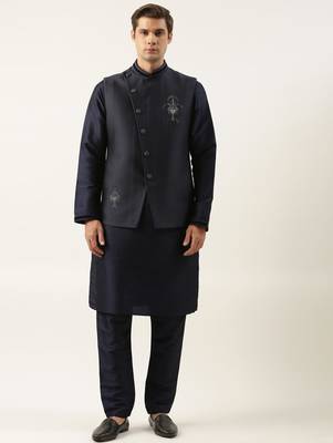 Navy embroidered jacket kurta set 1