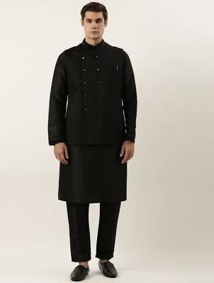 Black embroidered jacket kurta set 1
