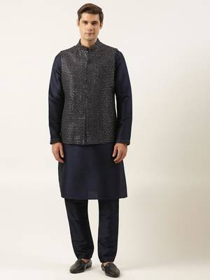Navy embroidered jacket kurta set 1