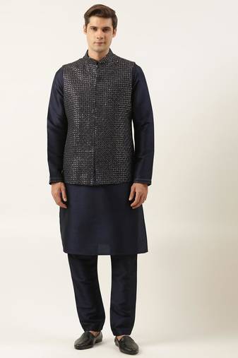 Navy embroidered jacket kurta set