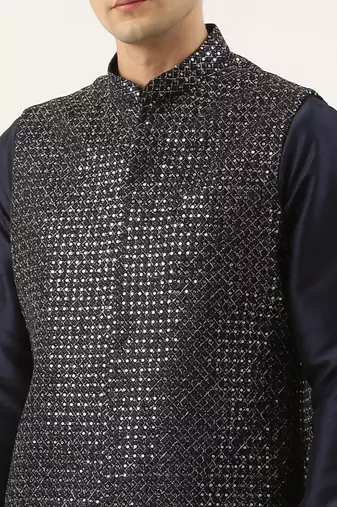 Navy embroidered jacket kurta set
