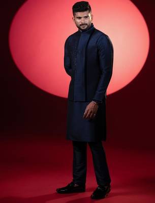 Navy silk embroidered jacket kurta set 1