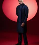 Navy silk embroidered jacket kurta set