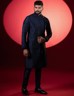 Navy silk embroidered jacket kurta set 2