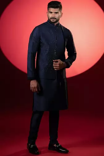 Navy silk embroidered jacket kurta set