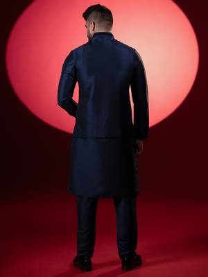 Navy silk embroidered jacket kurta set 3