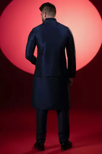 Navy silk embroidered jacket kurta set