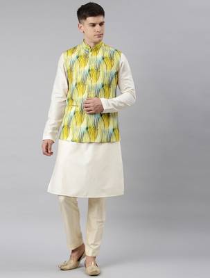Yellow linen printed jacket with kurta set 1
