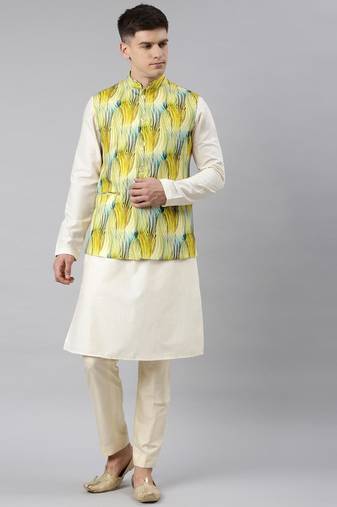 Yellow linen printed jacket with kurta set