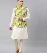 Yellow linen printed jacket with kurta set