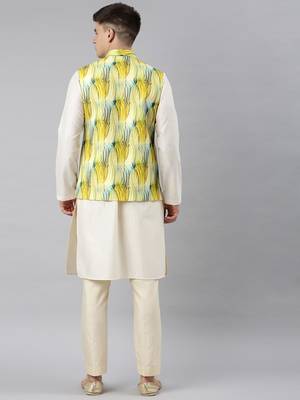 Yellow linen printed jacket with kurta set 4