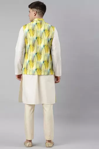 Yellow linen printed jacket with kurta set