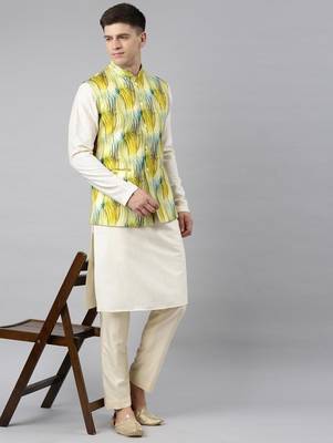 Yellow linen printed jacket with kurta set 5