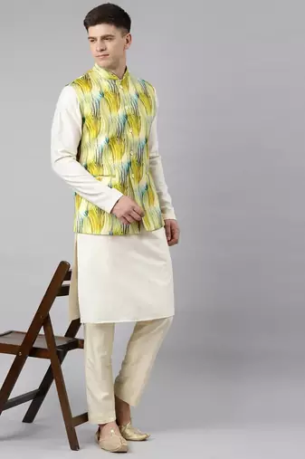 Yellow linen printed jacket with kurta set