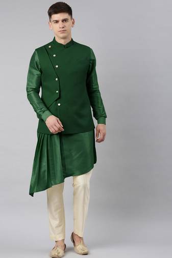 Green waistcoat jacket with mint crushed kurta
