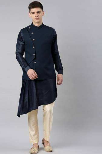 Blue waistcoat jacket with mint crushed kurta
