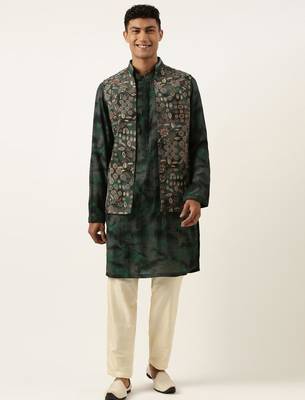 Green printed jacket kurta set 1