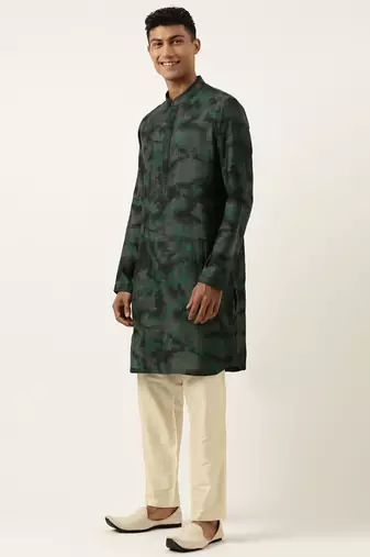 Green printed jacket kurta set