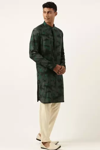 Green printed jacket kurta set